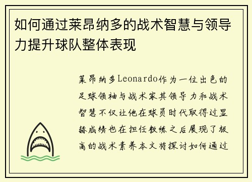 如何通过莱昂纳多的战术智慧与领导力提升球队整体表现