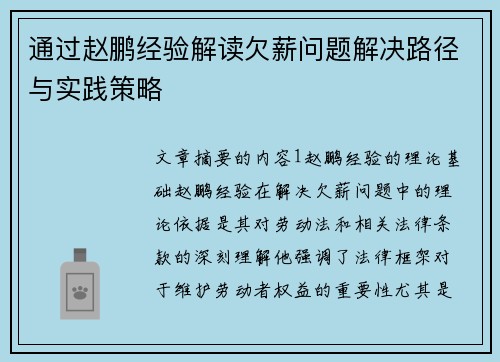 通过赵鹏经验解读欠薪问题解决路径与实践策略